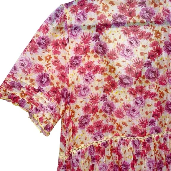 Sundance Fields of Beauty Dress Pink Yellow Tiered Tassel Tie Midi Size Large - Picture 12 of 14